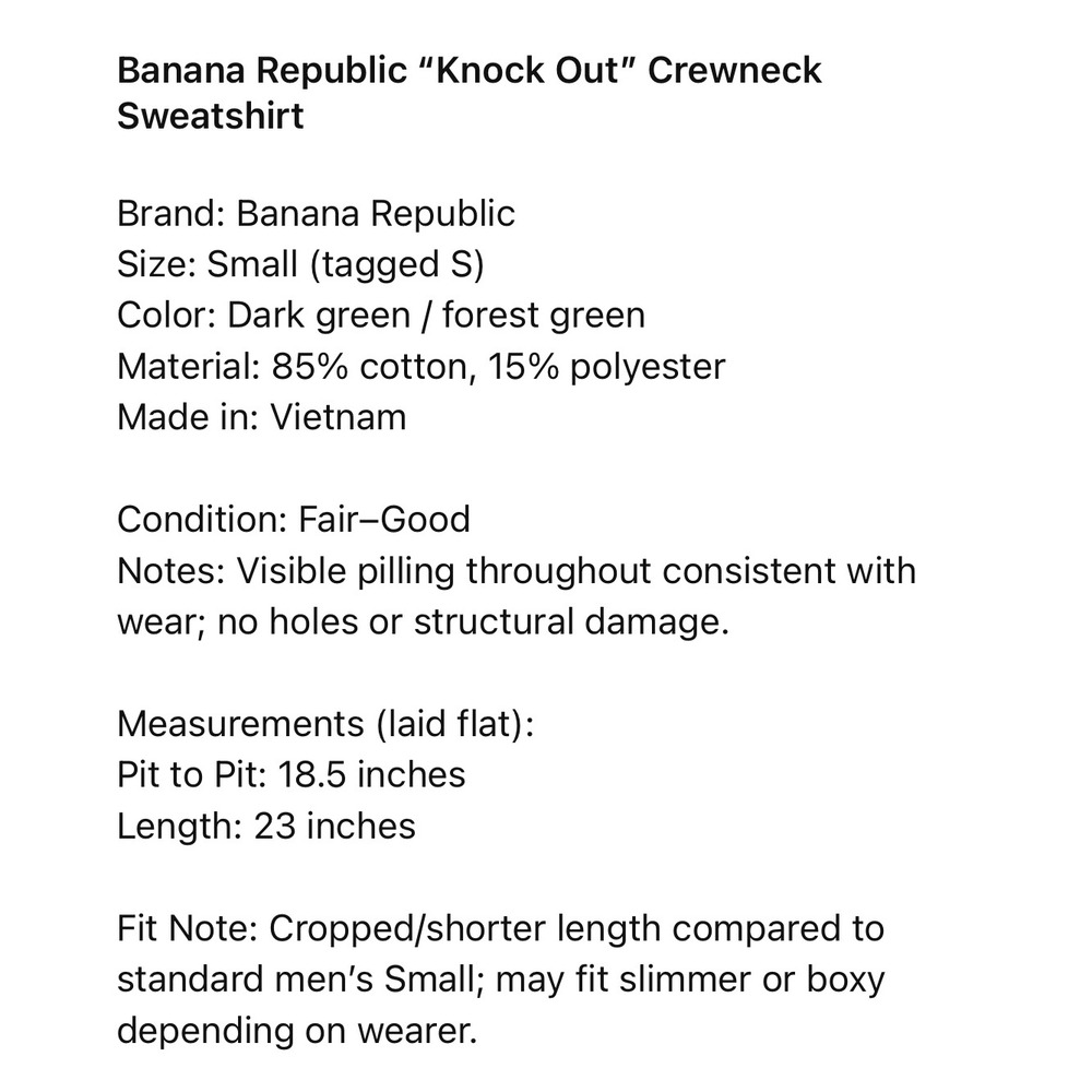 Banana Republic Knock Out‎ Crewneck Sweatshirt Dark Green Women's Small - Picture 3 of 8